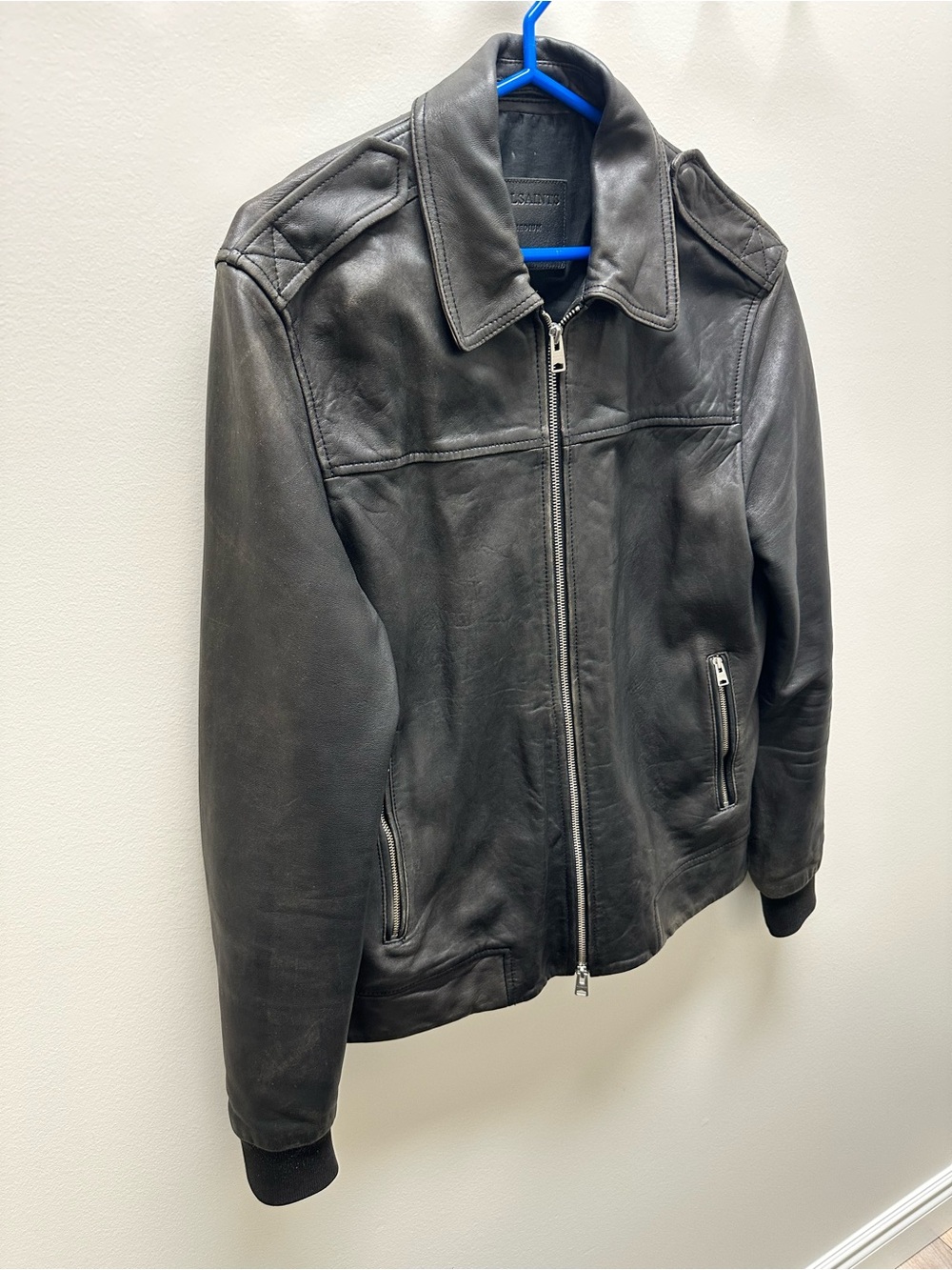 AllSaints Black Leather Bomber Jacket
